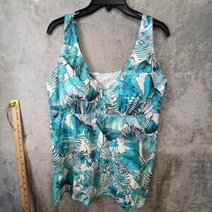 Swimsuits For All Women 18 Teal Tropical Leaf Tankini Top 64-2594-6 Blue White
